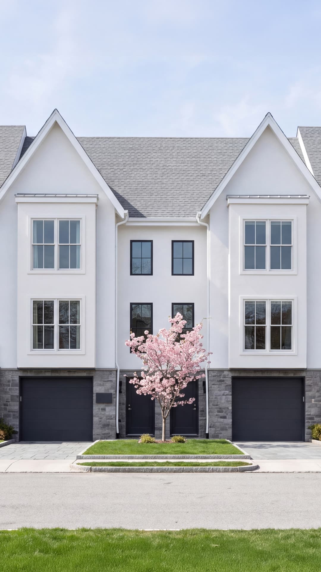 Completed white townhouse-style residence with twin gables, slate roof, stone base, black doors and garage doors, and a flowering cherry tree in the front courtyard.
