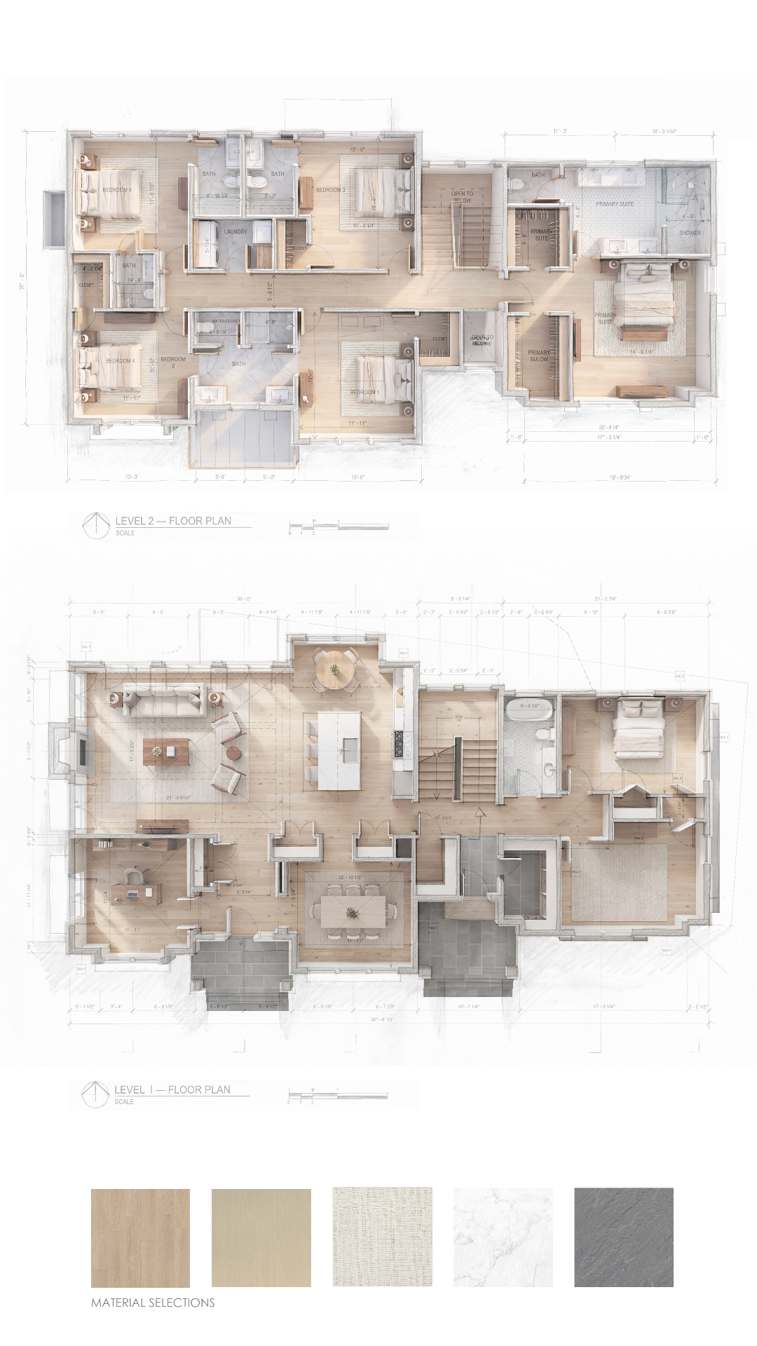 Rendered Level 1 and Level 2 floor plans showing furniture layouts, room labels, and dimension lines for a complete residential design.