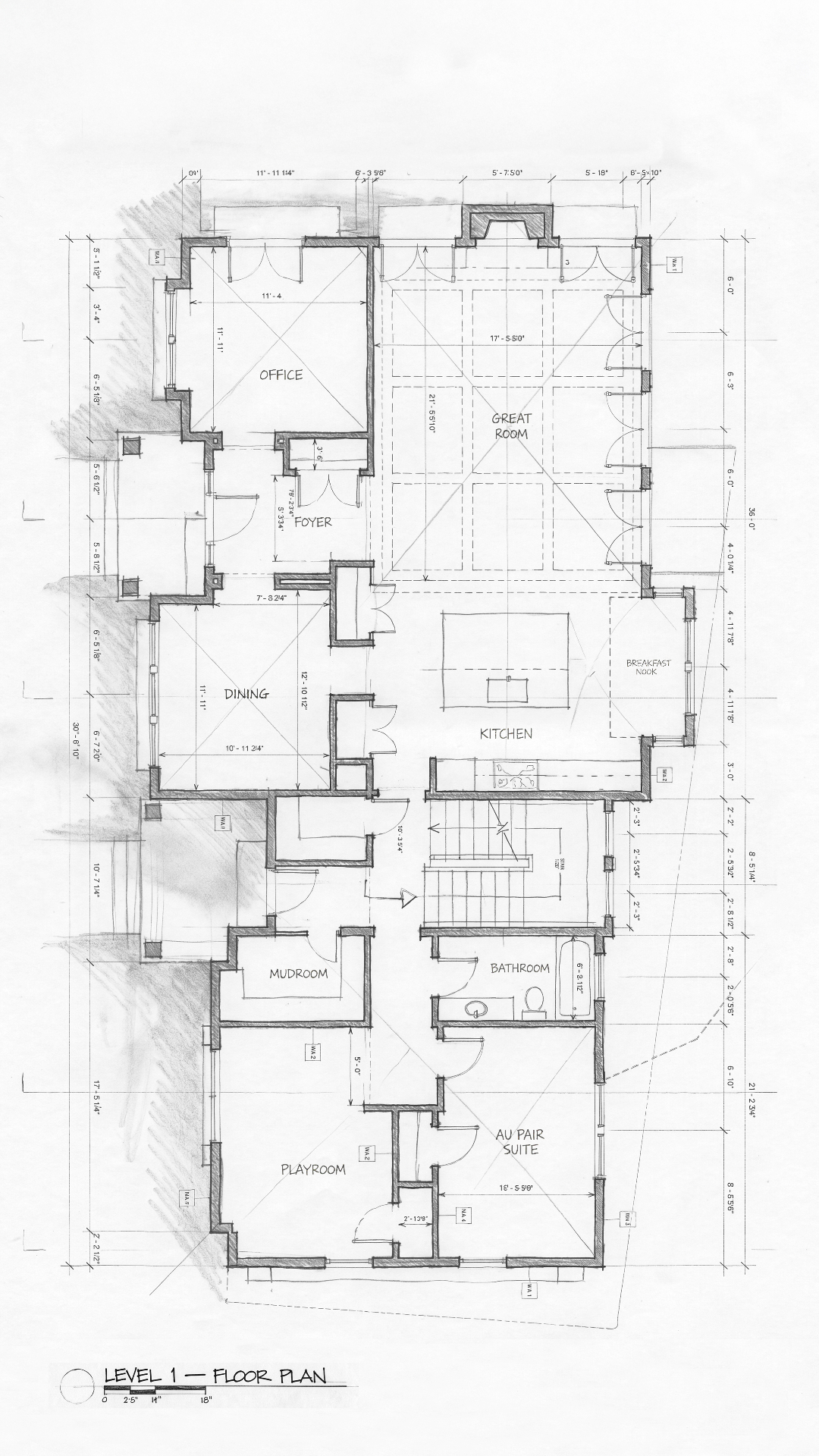 Hand-drawn Level 1 floor plan showing office, foyer, great room, dining, kitchen, breakfast nook, mudroom, bathroom, playroom, and au pair suite with dimensions.