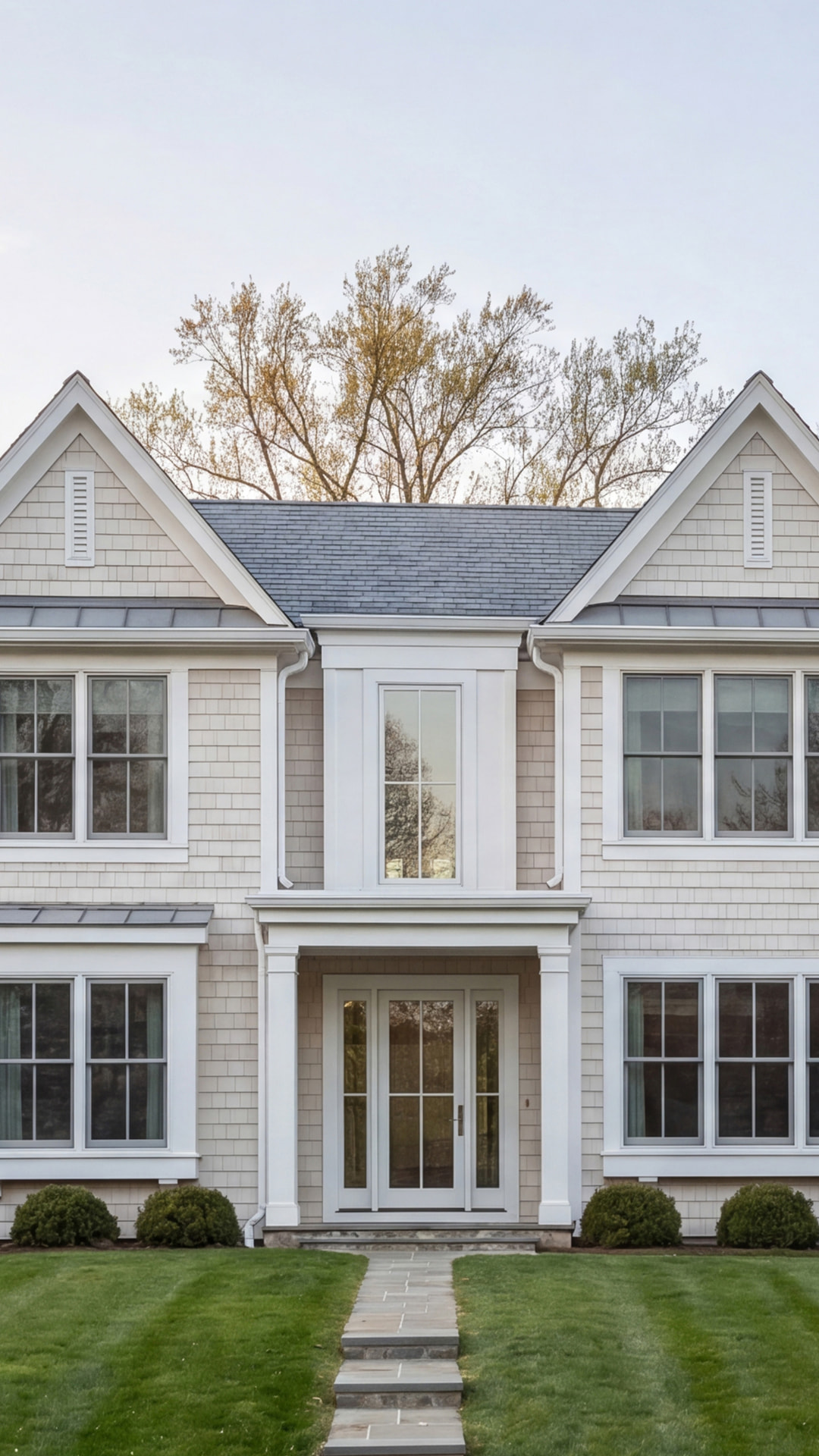 Completed shingle-style residence with twin gables, slate roof, and a bluestone walkway leading to a covered entry.