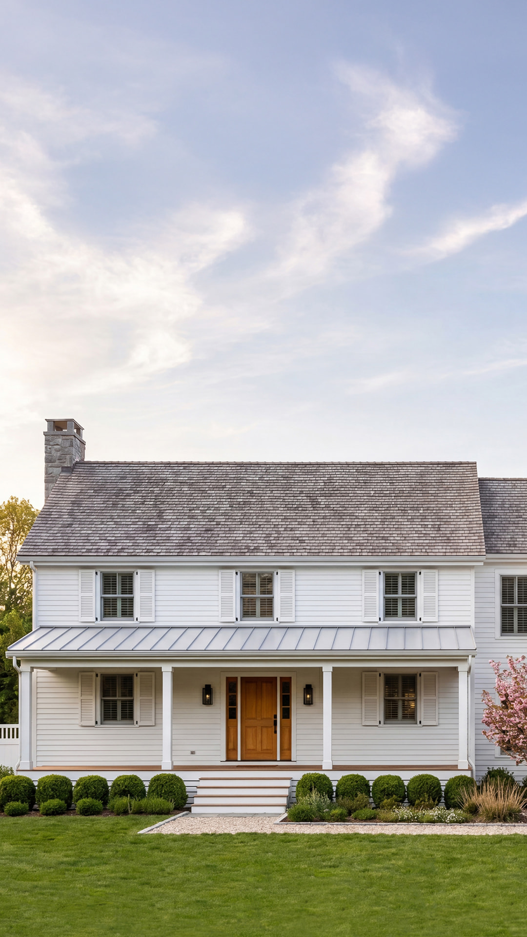 Completed white farmhouse with covered front porch, standing-seam metal porch roof, cedar shake main roof, and manicured boxwood landscaping.